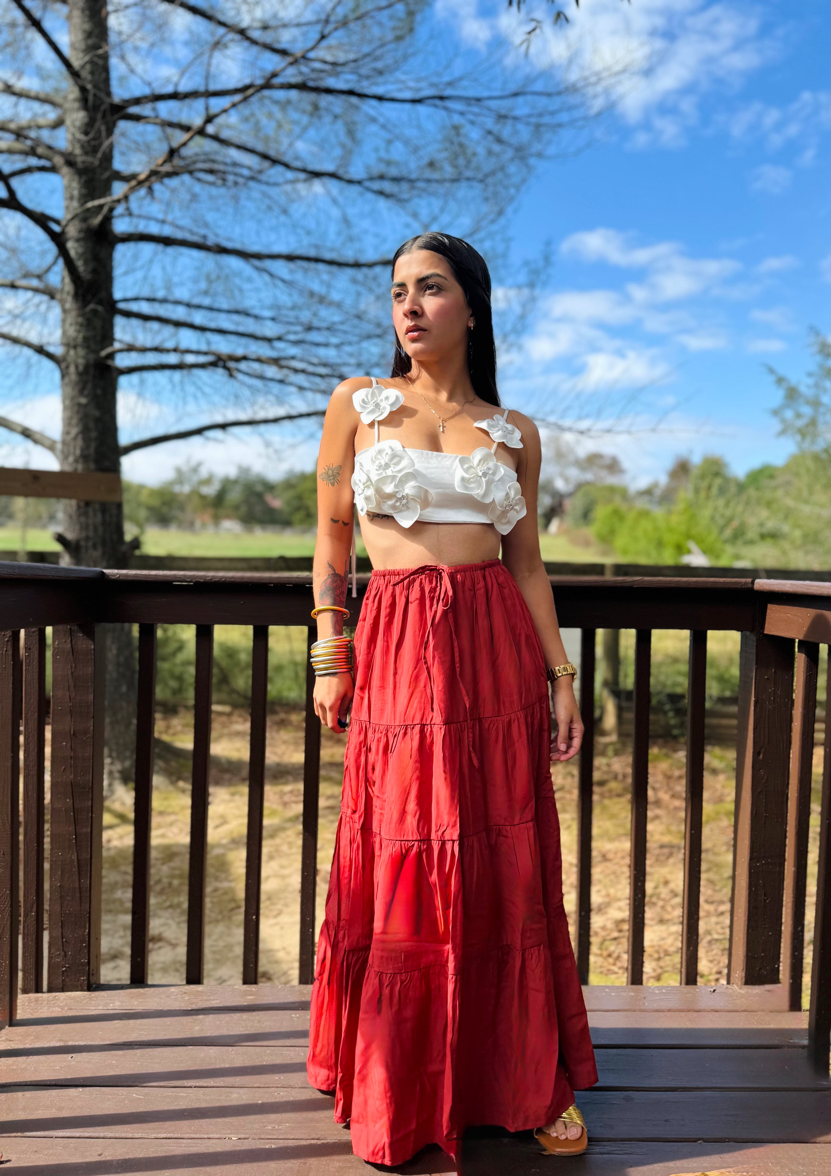 SET Relieve top & terracota skirt